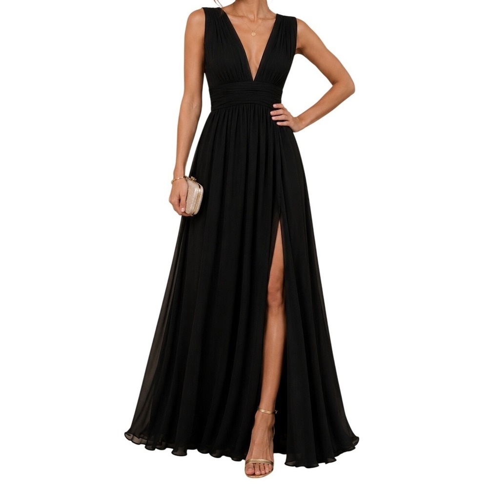 Lulus Black‎ Chiffon Maxi Dress Deep V Slit Formal Gown NWT XL